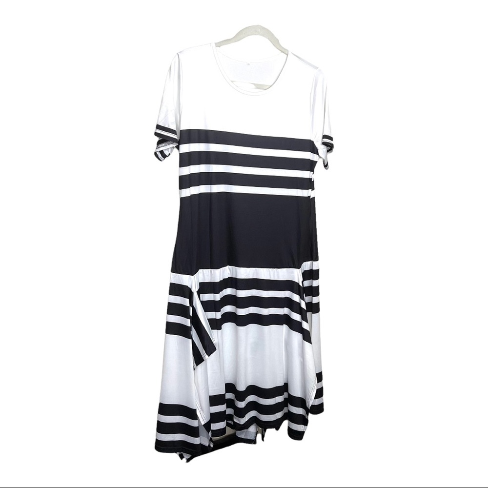 Shein spandex dress short sleeve white with black stripes square split skirt 2x
